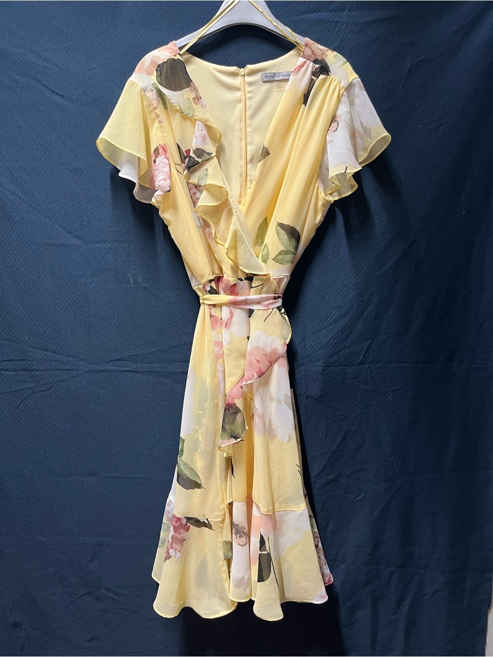 Danny & Nicole Yellow Floral Wrap Midi Dress with Pink Accents